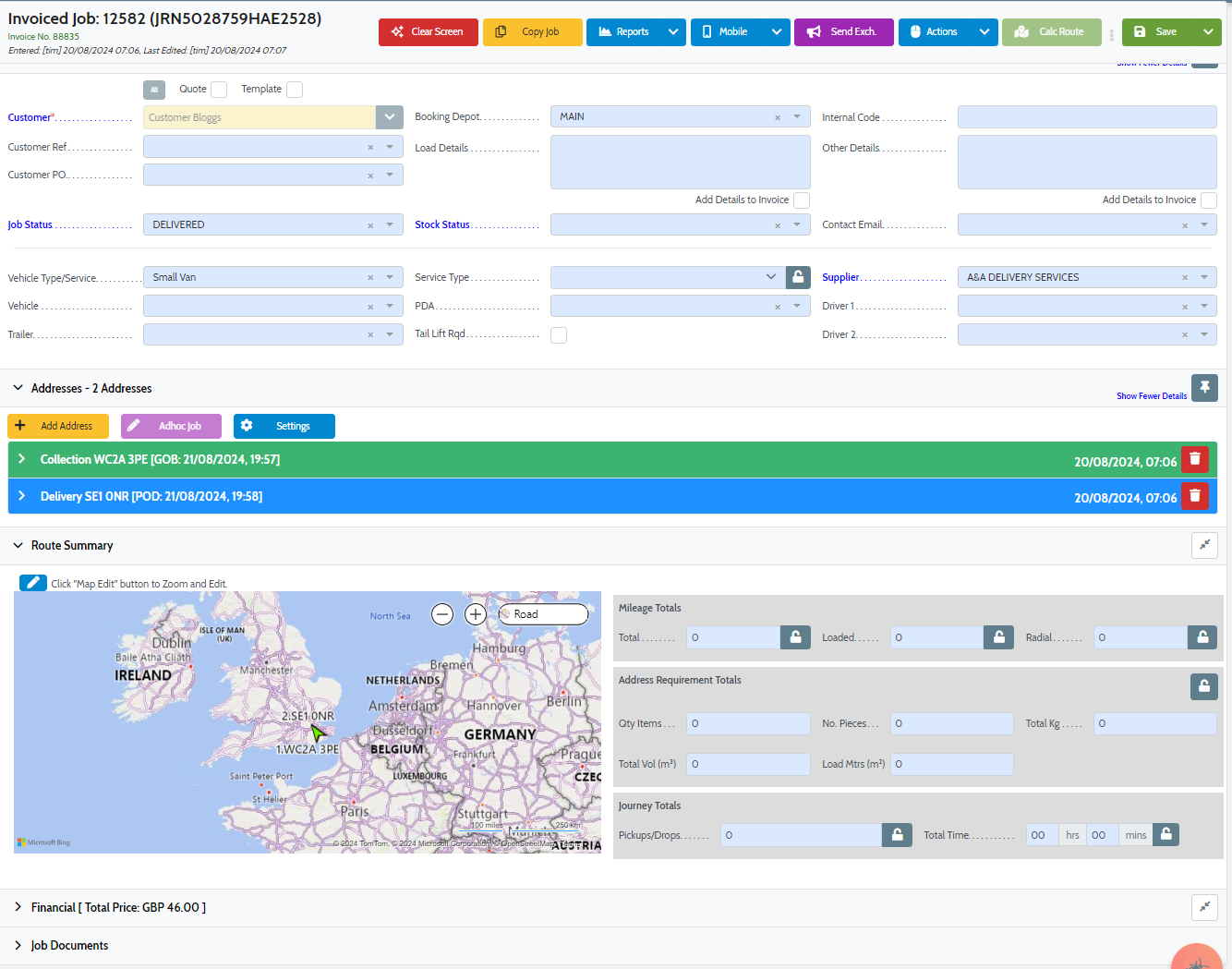 Courier dispatch software and job booking system console