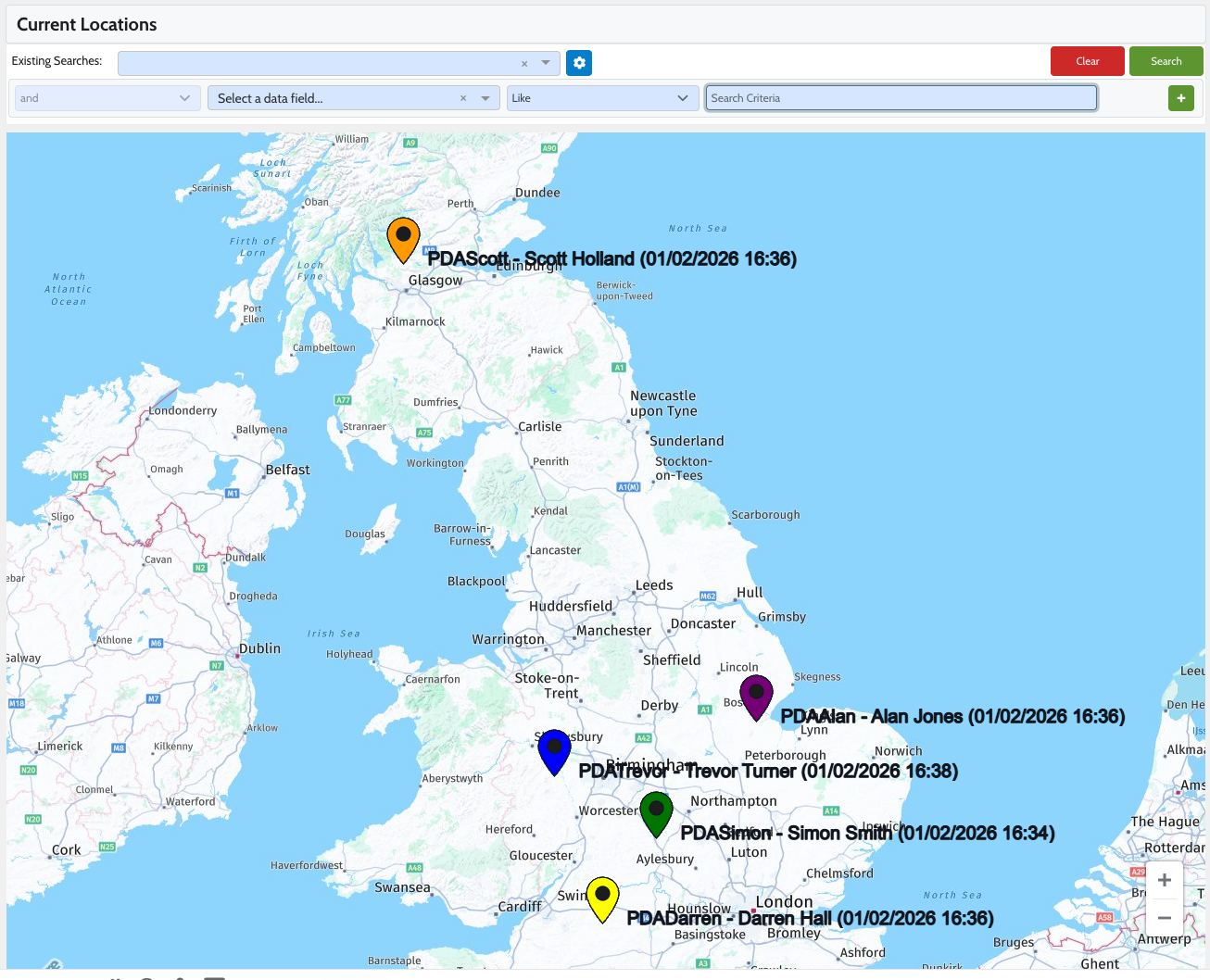 Courier tracking software showing live GPS driver locations on map